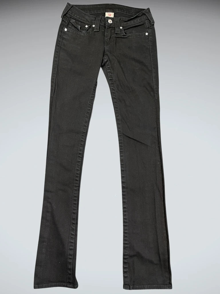 front view, True Relgion Black Slim-Fit Jeans with Low Rise, vintage Y2K second hand piece