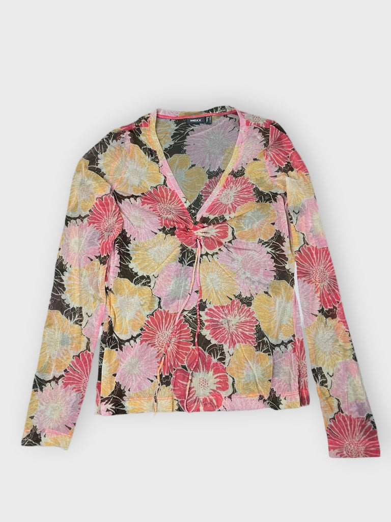 front view, Mex Yellow Pink Flower Top, vintage Y2K second hand piece