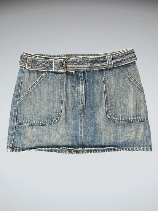 front view, The Limited Light Blue Belted Vintage Denim Skirt, vintage Y2K second hand piece