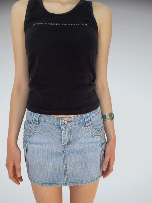 front view, Light Wash Cargo Denim Mini Skirt Multi-Stitch Detail Y2K, vintage Y2K second hand piece