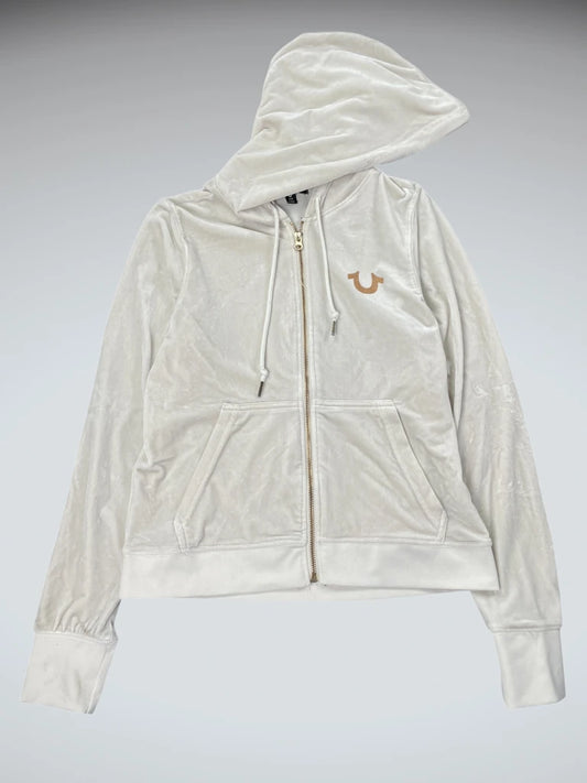 front view, True Religion Beige Velour Zip Hoodie, vintage Y2K second hand piece