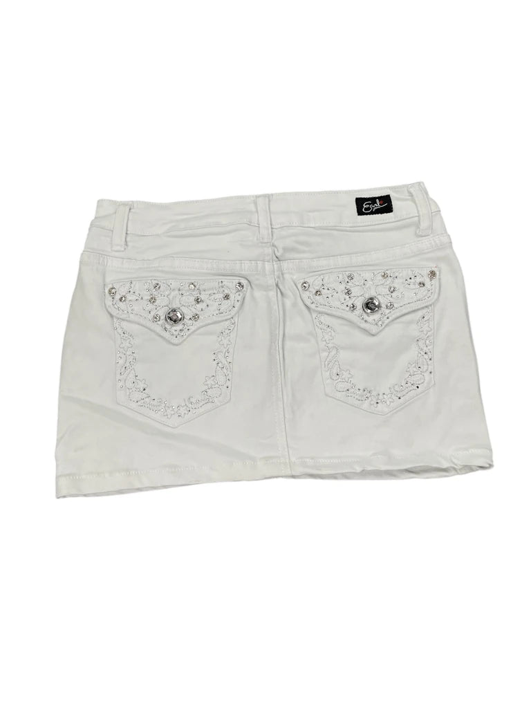 back view, Earl White Rhinestone Accent Denim Mini Skirt, vintage Y2K second hand piece
