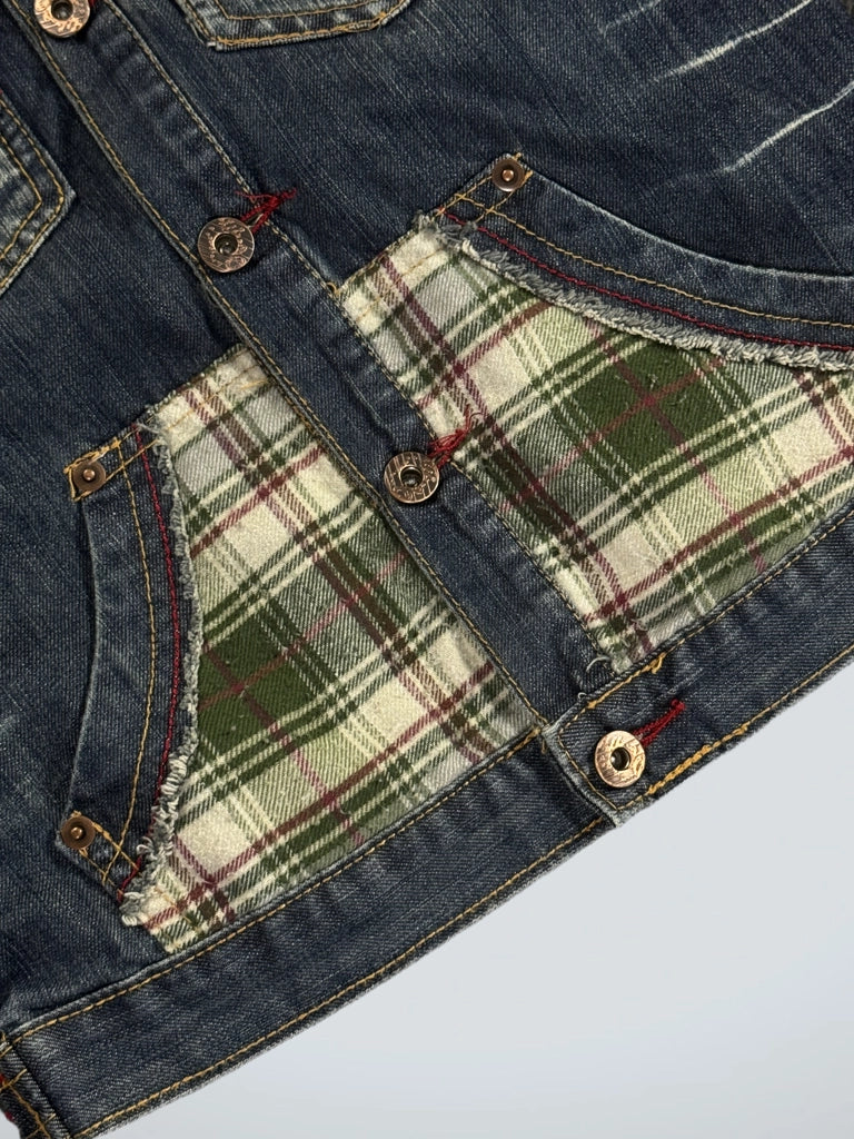 detail view, Samtec Plaid Patchwork Denim Vest Women, vintage Y2K second hand piece