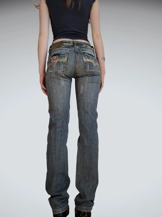 Y2K Washed Blue Glitter Jeans (XS)
