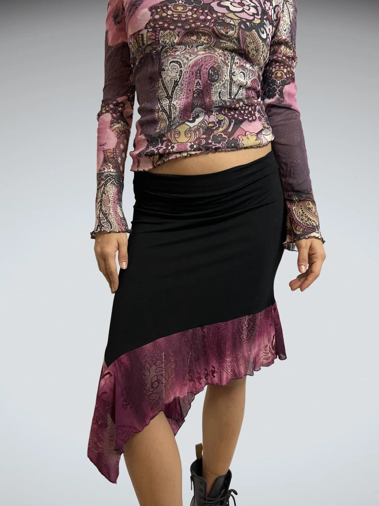Y2K Sheer Mesh Paisley Print Top in Pink Brown Tones (S)