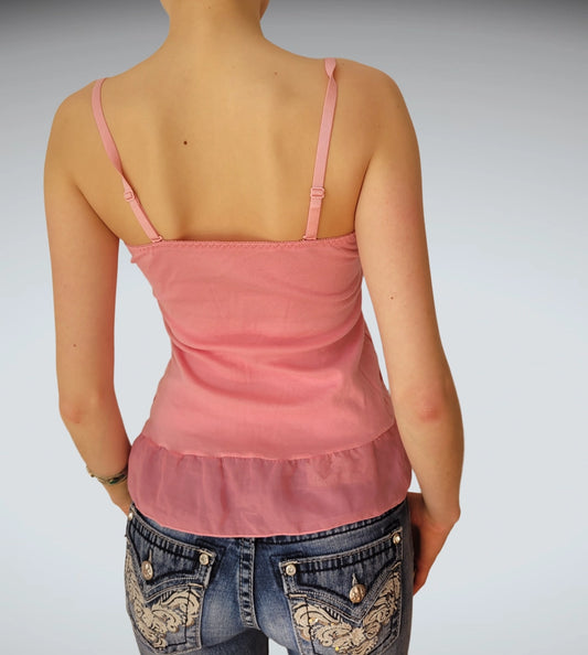 back view, Pink Lace Trim Peplum Camisole, vintage Y2K second hand piece