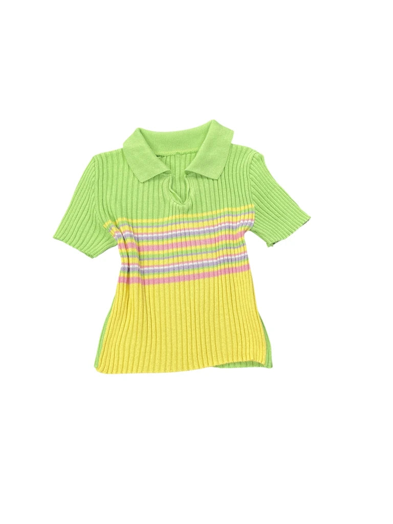 detail view, Pastel Green Multicolor Striped Polo Knit Top, vintage Y2K second hand piece, image 4