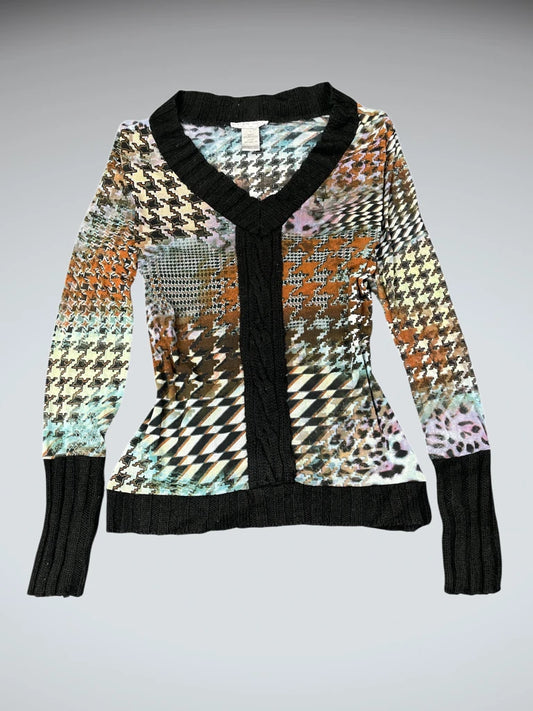 front view, Alberto Makkali multicolor abstract v-neck top, vintage Y2K second hand piece