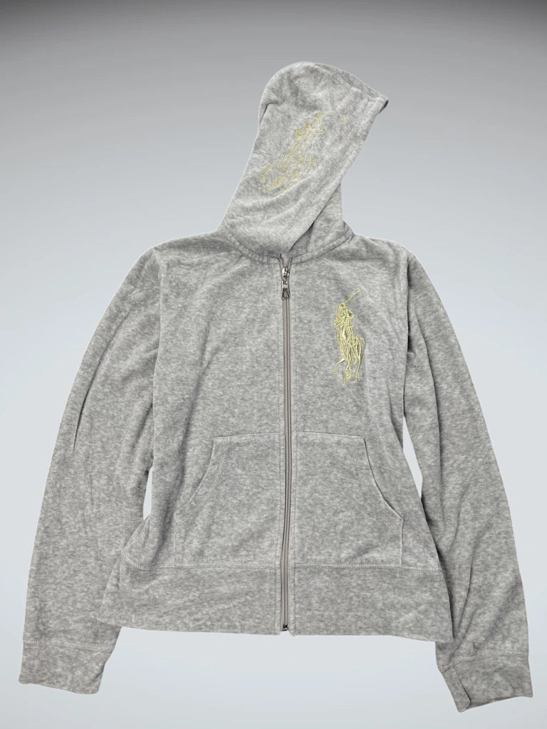 detail view, Polo Ralph Lauren Grey Hoodie with Embroidered Polo Player, vintage Y2K second hand piece
