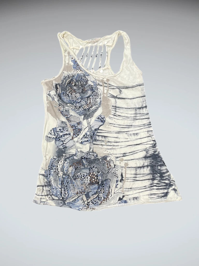 front view, Unplugged by Miss Me champagne ruffle satin top, vintage Y2K second hand piece