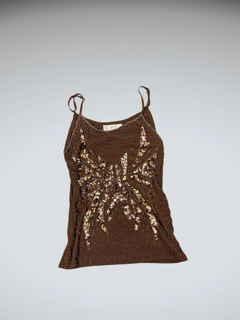 front view, Mingda Bronze Sequin Burst Top, vintage Y2K second hand piece
