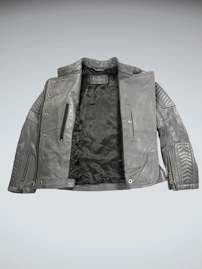 detail view, WhetBlu Grey Genuine Leather Racing Jacket Women, vintage Y2K second hand piece, image 4