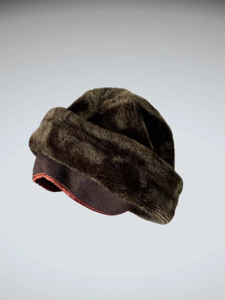 back view, Luxurious Dark Brown Faux Fur Beanie Hat (ONESIZE), vintage Y2K second hand piece