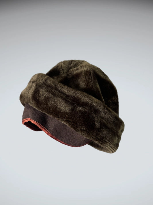 back view, Luxurious Dark Brown Faux Fur Beanie Hat (ONESIZE), vintage Y2K second hand piece