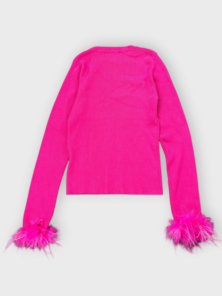 back view, Daphnea Hot Pink Knit Sweater with Feather Cuffs, vintage Y2K second hand piece