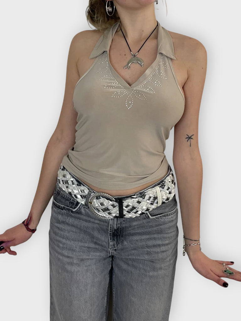 front view, Out Beige Neck Holder Top, vintage Y2K second hand piece