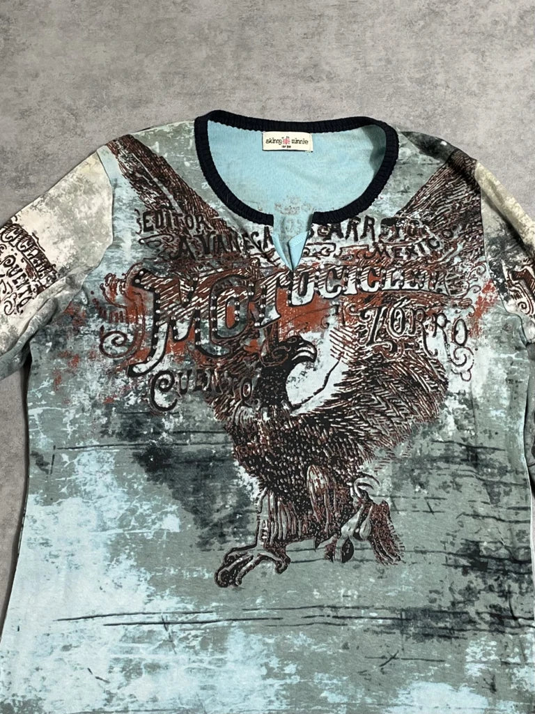 detail view, Skinny Minnie long sleeve top with eagle, vintage Y2K second hand piece, image 4