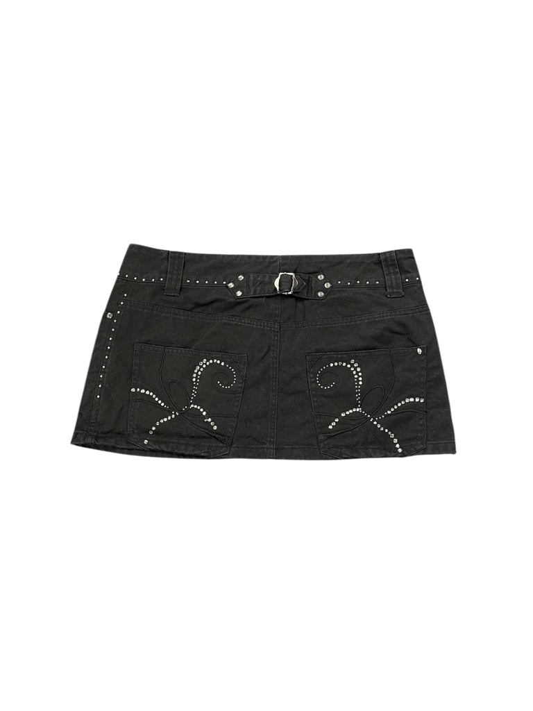 back view, Jennyfer Black Cotton Mini Skirt with Rhinestone Trim, vintage Y2K second hand piece
