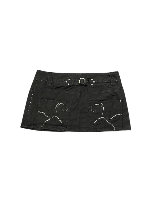 back view, Jennyfer Black Cotton Mini Skirt with Rhinestone Trim, vintage Y2K second hand piece