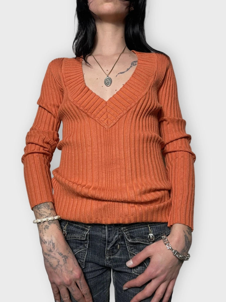front view, It’s Our Time Orange V-Neck Jumper, vintage Y2K second hand piece