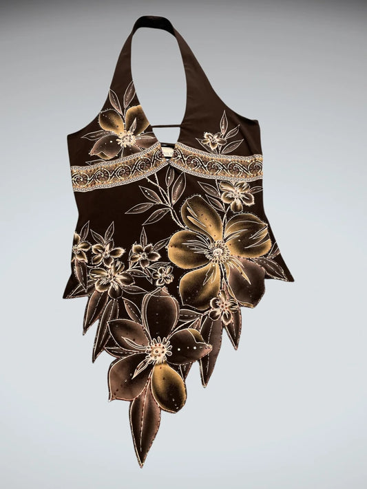 front view, Viva You Brown Floral Asymmetrical Halter Top, vintage Y2K second hand piece