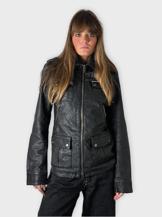 back view, Superdry Black Vintage Leather Coat, vintage Y2K second hand piece