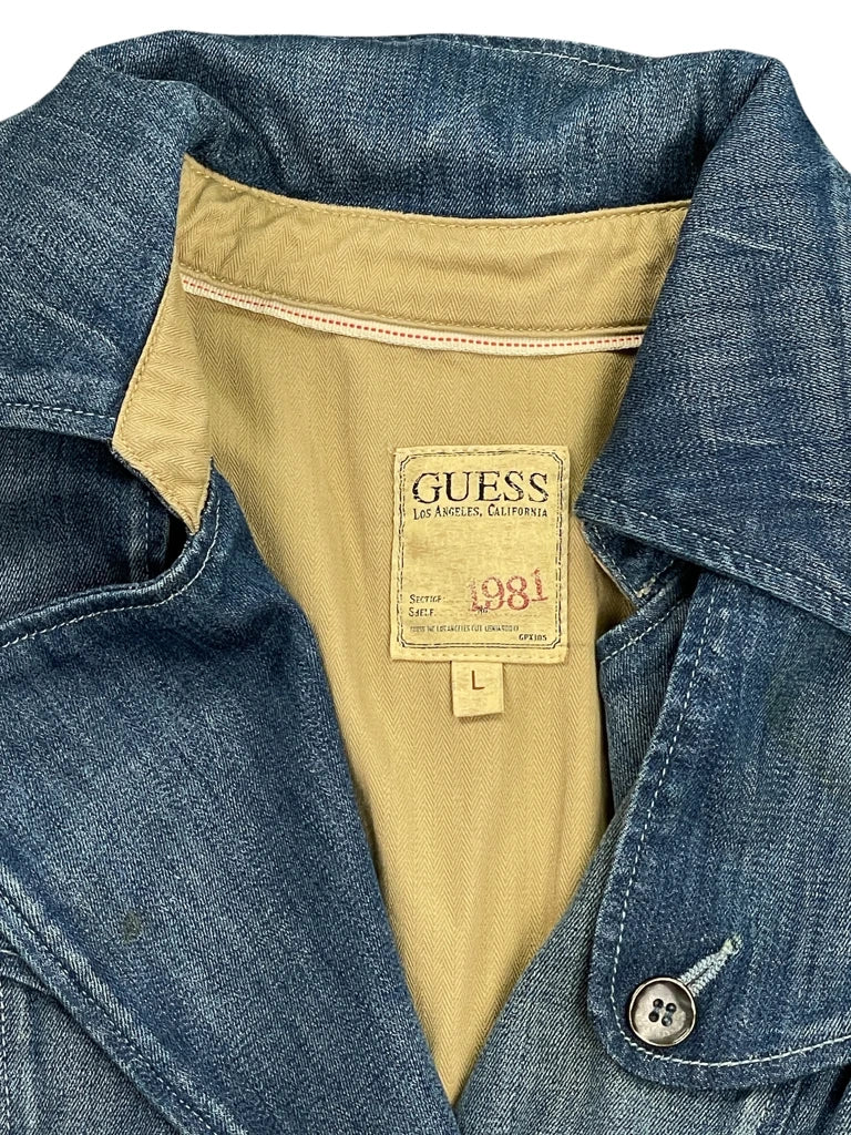 detail view, Guess Deep Indigo Longline Vintage Denim Coat, vintage Y2K second hand piece