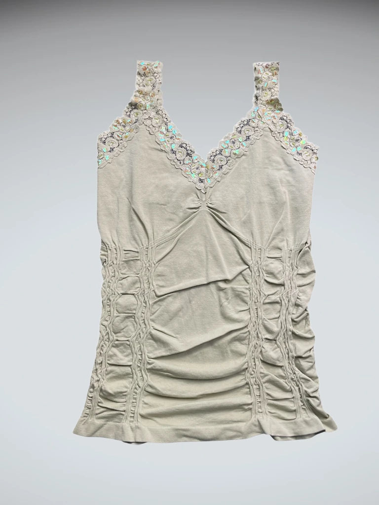 detail view, Light Green Ruched Floral Sequin Strap Top, vintage Y2K second hand piece