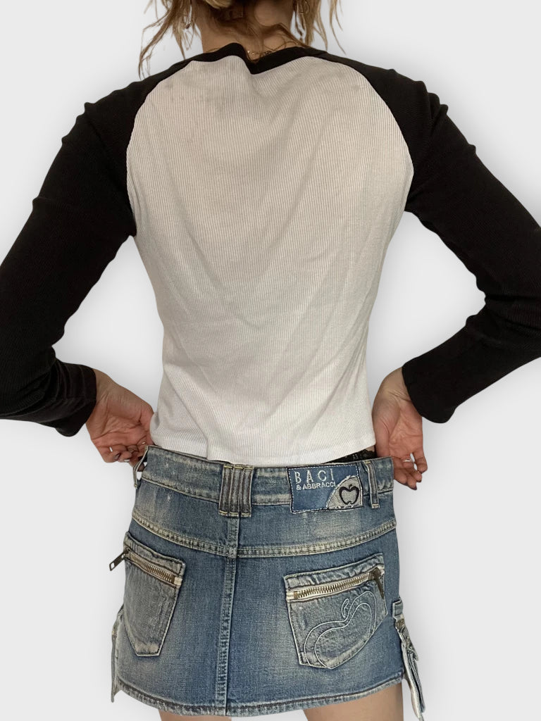 back view, Baci and Abbraci Blue Denim Skirt with Bags, vintage Y2K second hand piece