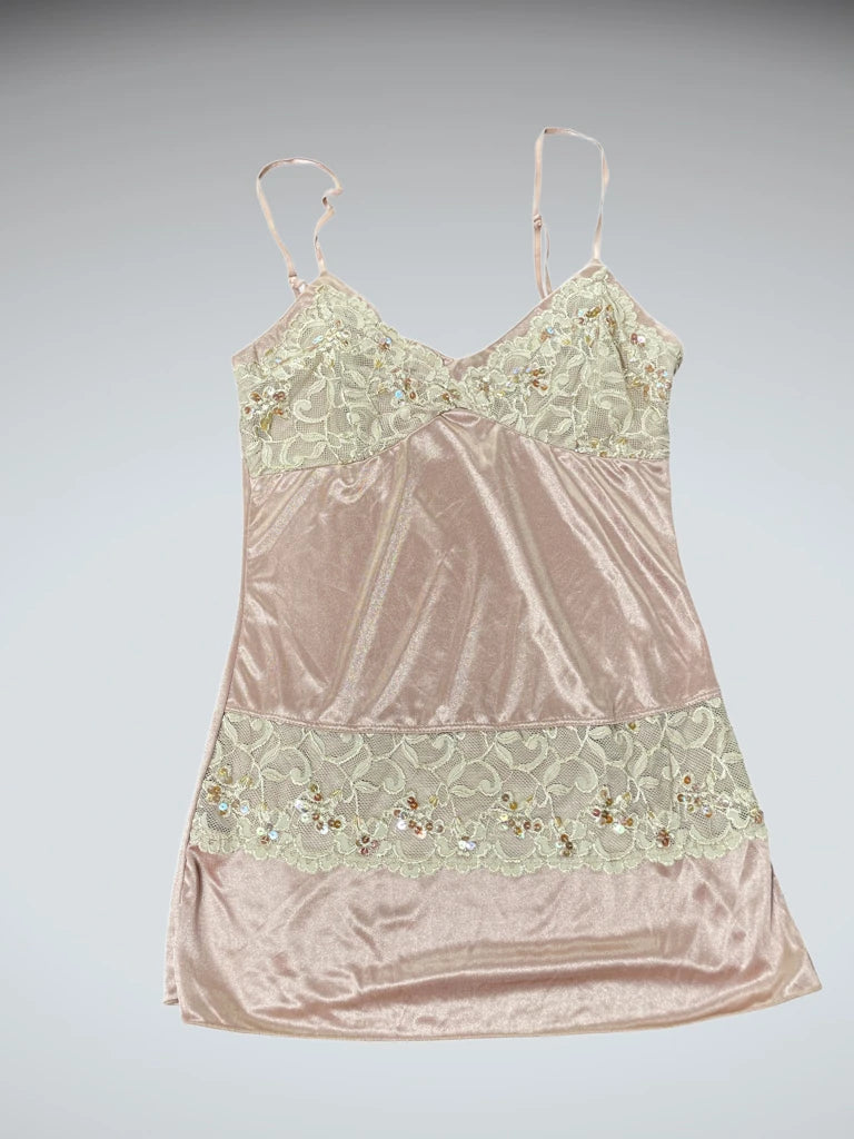 front view, Volume One Beige Satin Lace Slip Top, vintage Y2K second hand piece
