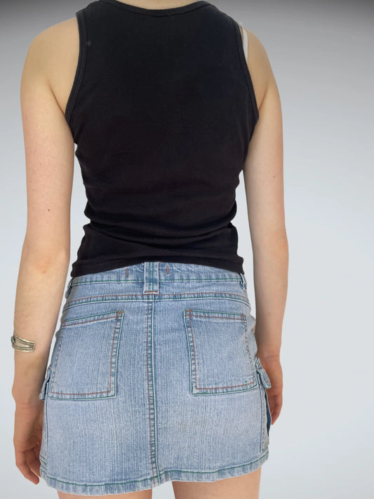 back view, Light Wash Cargo Denim Mini Skirt Multi-Stitch Detail Y2K, vintage Y2K second hand piece