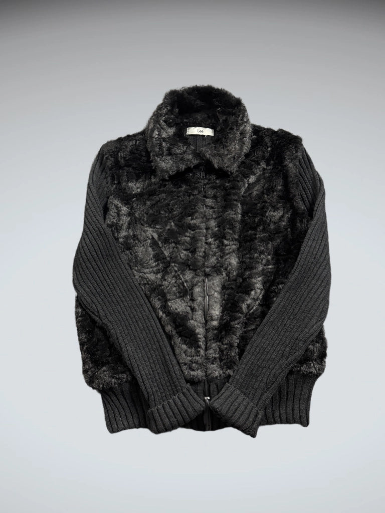 back view, Lee Vintage Black Faux Fur Jacket Women, vintage Y2K second hand piece