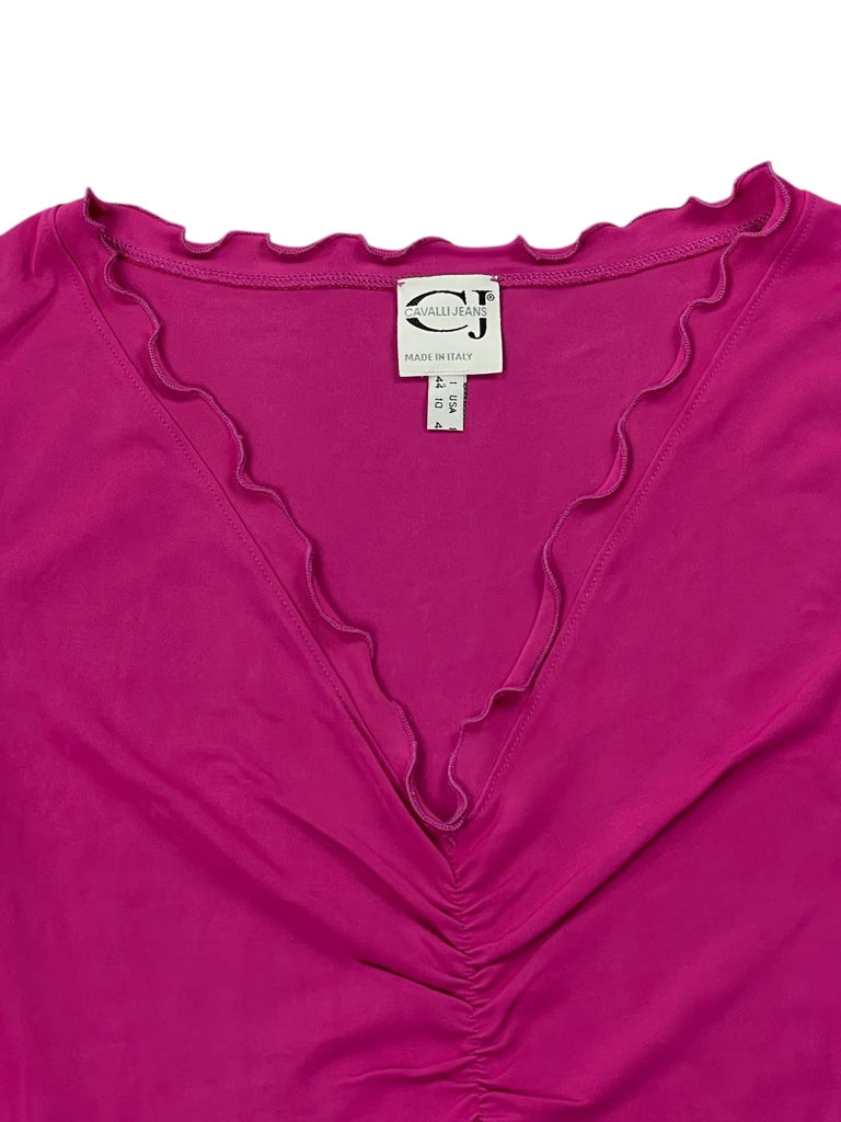 detail view, Cavalli Hot Pink Ruched V-Neck Tank Top, vintage Y2K second hand piece, image 4