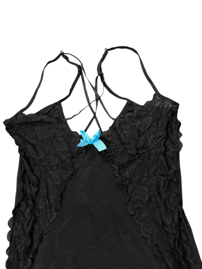 detail view, Black Lace Slip Dress with Blue Bows, vintage Y2K second hand piece, image 4
