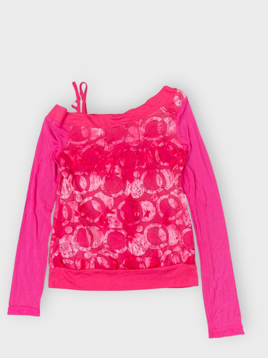 back view, Y2K pink rhinestone mesh sheer top, vintage Y2K second hand piece
