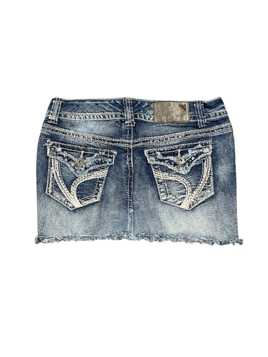 back view, Aryia Arya Frayed Hem Faded Denim Mini Skirt, vintage Y2K second hand piece