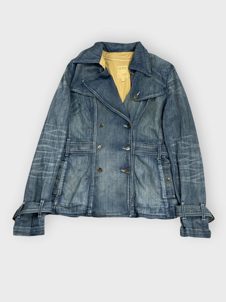 front view, Guess Deep Indigo Longline Vintage Denim Coat, vintage Y2K second hand piece