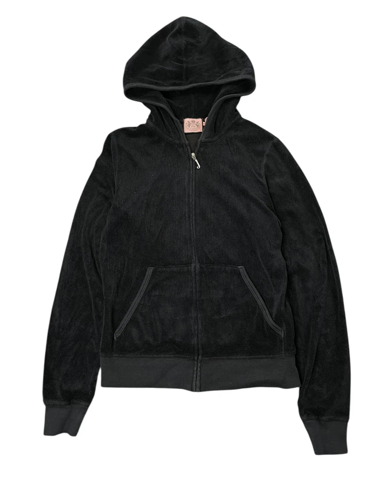 detail view, Juicy Couture Black Heart Backprint Velour Hoodie (ONESIZE), vintage Y2K second hand piece