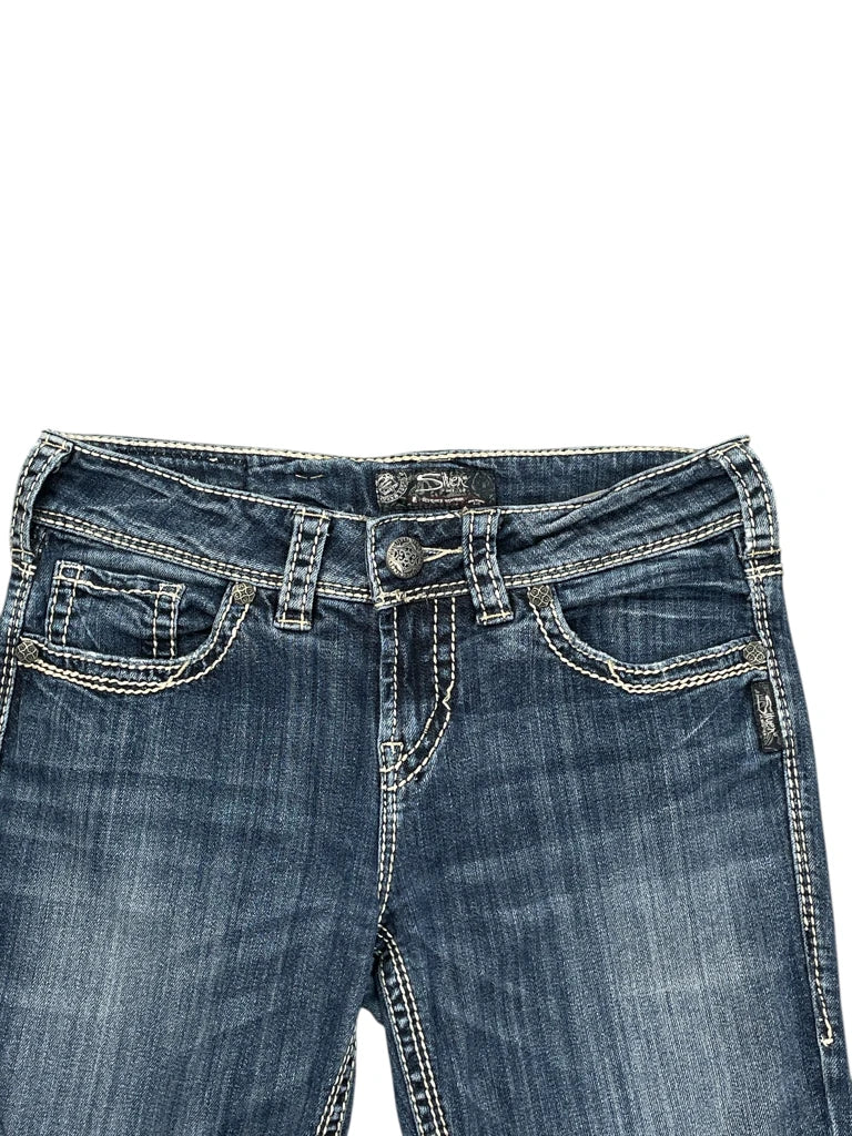 detail view, Silver Jeans Medium Wash Bootcut Jeans with White Contrast Stitching, vintage Y2K second hand piece, image 4