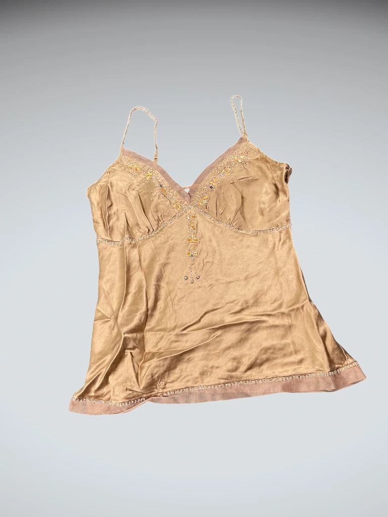 front view, Luxe Golden Silk Crystal Trim Camisole, vintage Y2K second hand piece