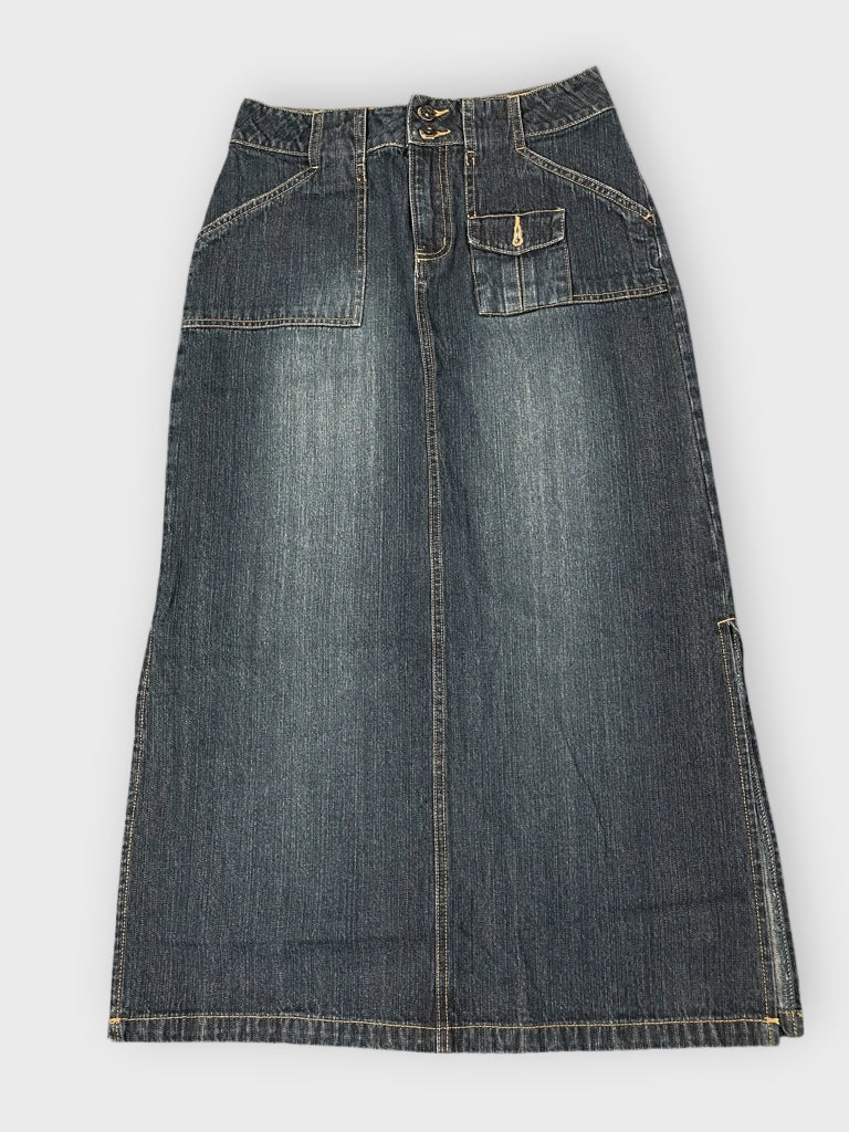 front view, Limited Datoo Dark Wash Pocket Denim Maxi Skirt, vintage Y2K second hand piece