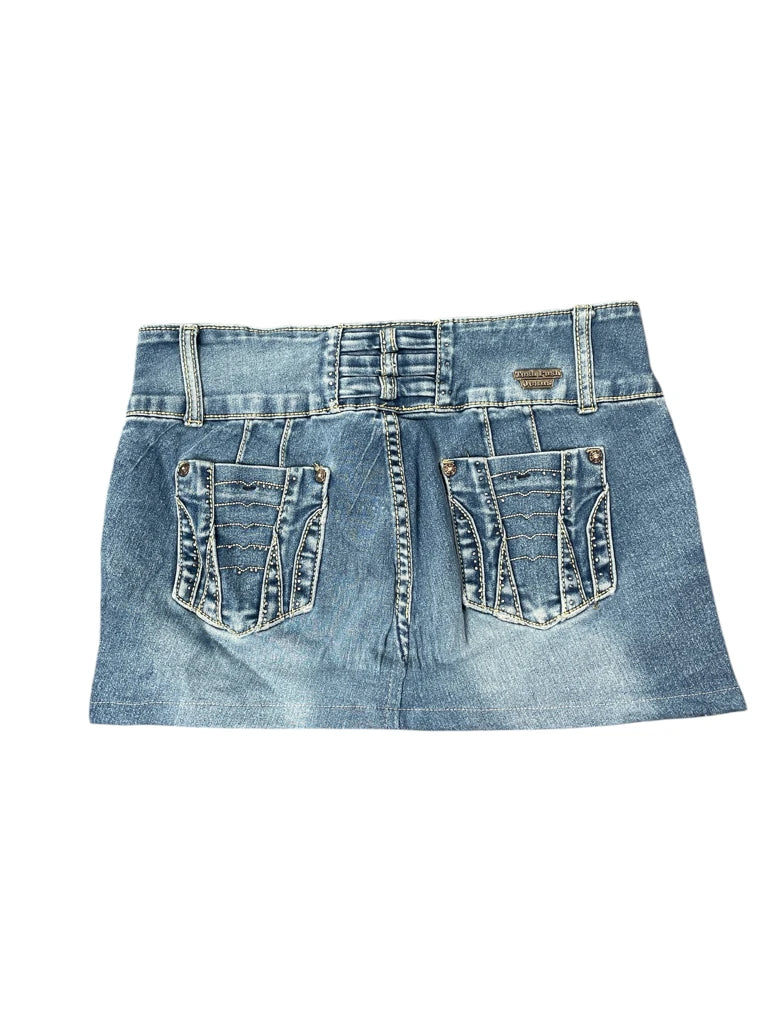 back view, Tush Push Blue Vintage Denim Skirt, vintage Y2K second hand piece