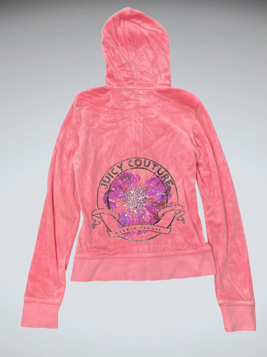 front view, Juice Couture Pink Floral Backprint Zip Hoodie, vintage Y2K second hand piece