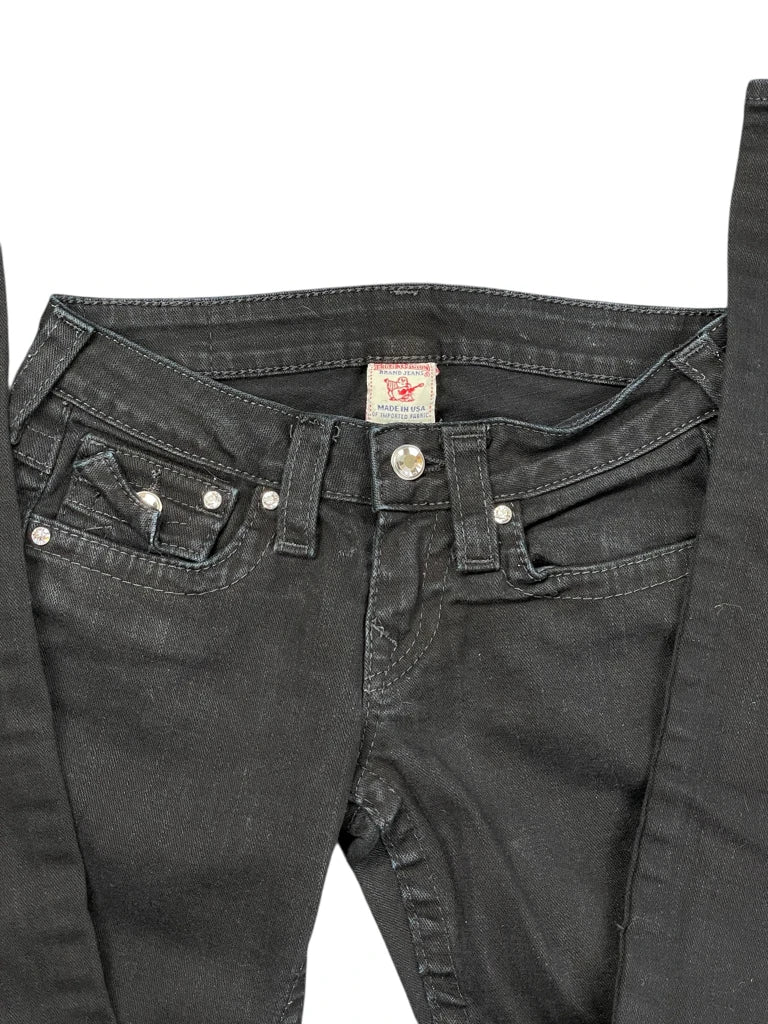 detail view, True Relgion Black Slim-Fit Jeans with Low Rise, vintage Y2K second hand piece, image 4