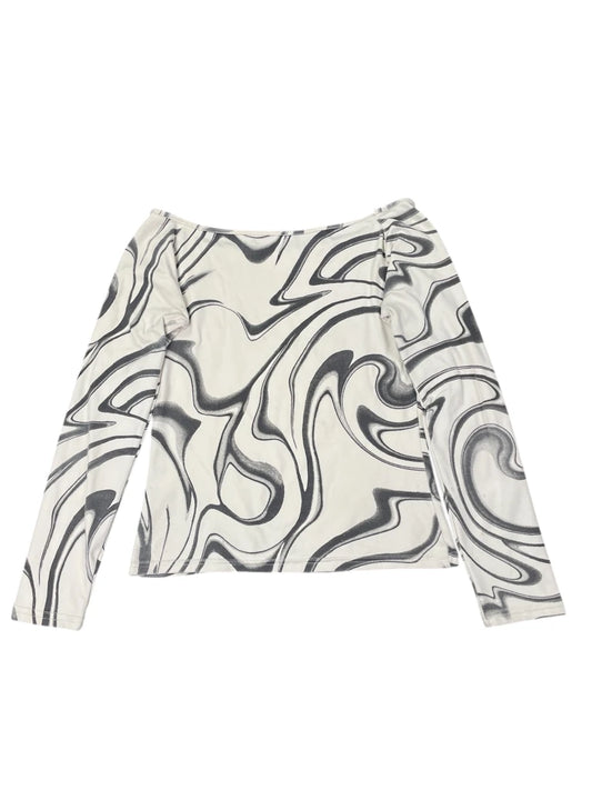 back view, White marble print long sleeve top, vintage Y2K second hand piece