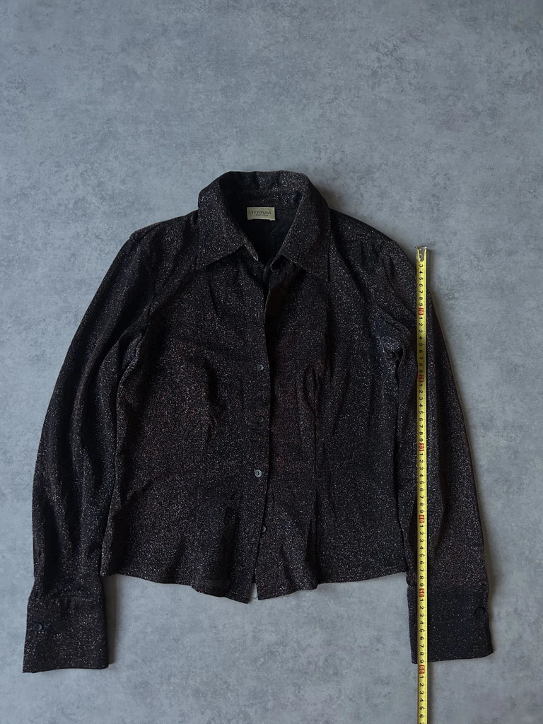 detail view, Motivi Y2K Brown Glitter Button-Up Top, vintage Y2K second hand piece, image 9