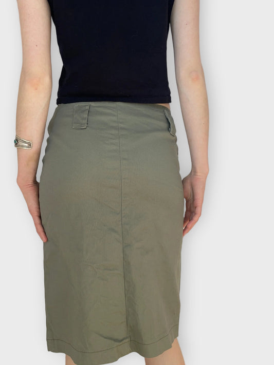 back view, Vintage Olive Green Utility Button Midi Skirt Y2K Style, vintage Y2K second hand piece