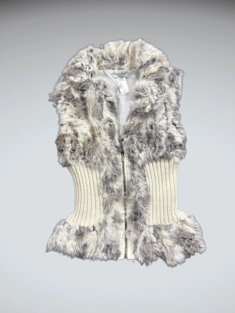 detail view, Guess Jeans White Rabbit Fur Vest Women, vintage Y2K second hand piece