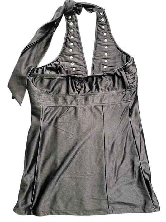 back view, Niki Biki Black Military-Inspired Halter Dress Top with Gold Button Detail, vintage Y2K second hand piece