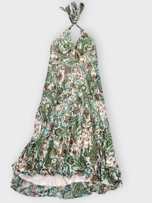 front view, Mocha Ruched Satin-Chiffon Vintage Gown, vintage Y2K second hand piece